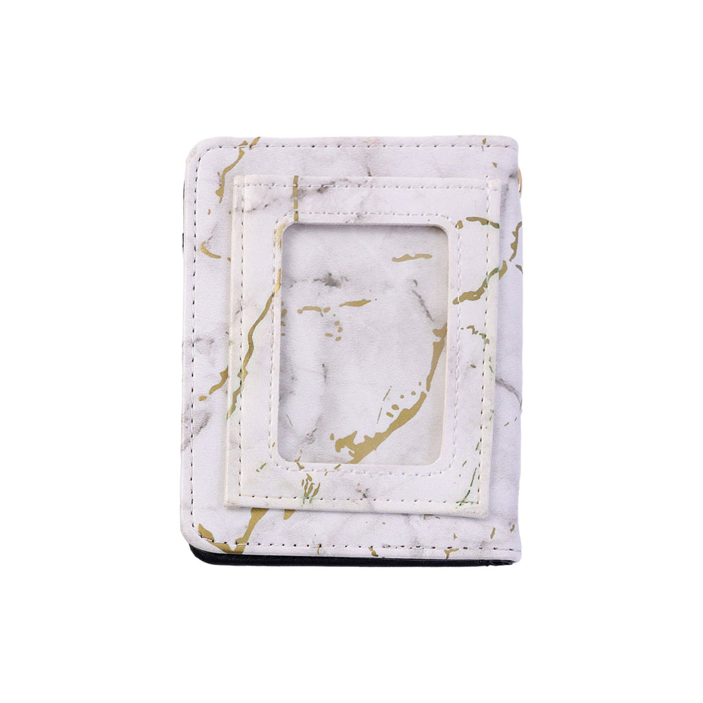 Compact card holder wallet featuring marble texture and snap closure
