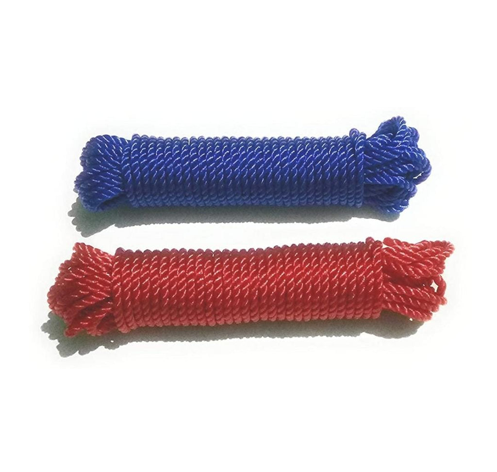 Hand holding a segment of the strong, flexible multipurpose rope in mixed hues.