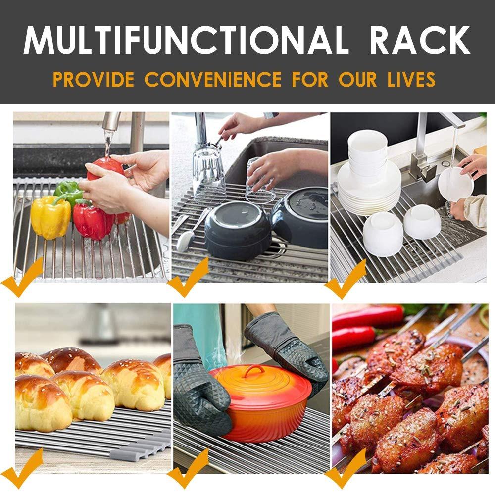 Foldable drain rack for kitchen sink, highlighting its easy storage capability.