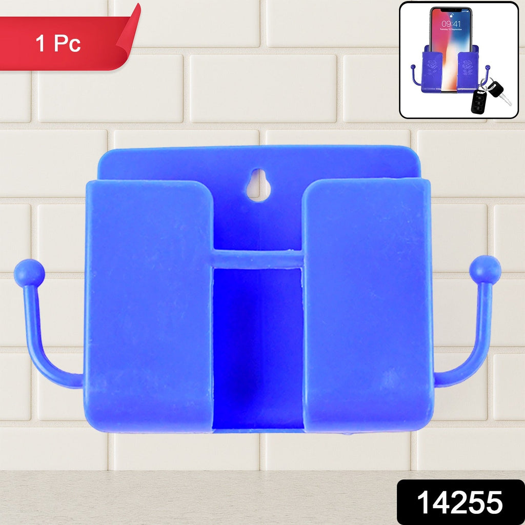 Blue plastic mobile stand with hook design on wall