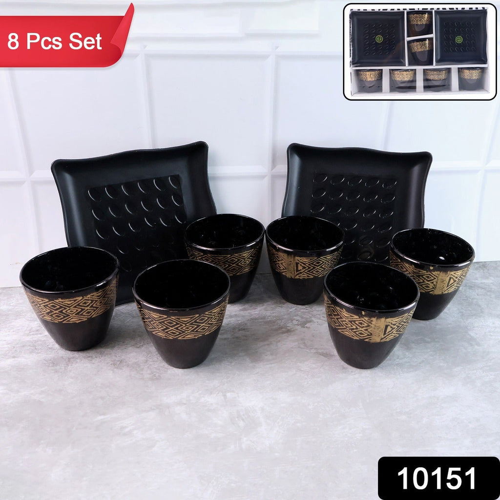 Side view of the Indo Glow ceramic cups and bowls, showcasing their glossy finish.