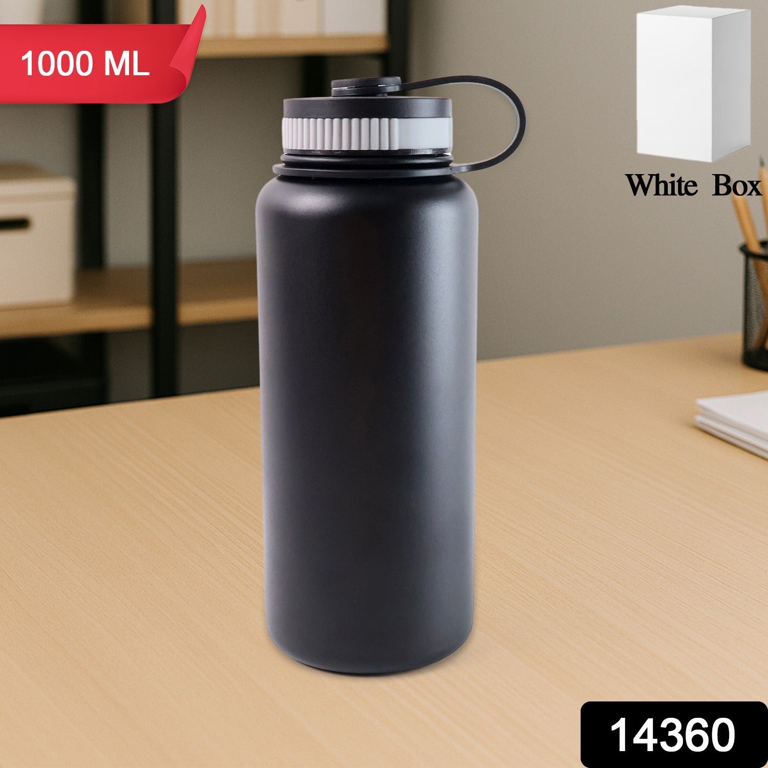 Portable insulated black water bottle holding cold beverage