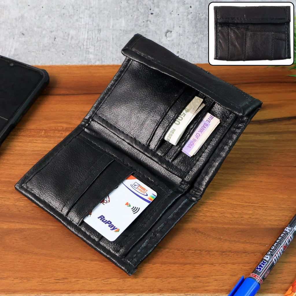 Front view of genuine leather slim bi-fold wallet showing smooth craftsmanship