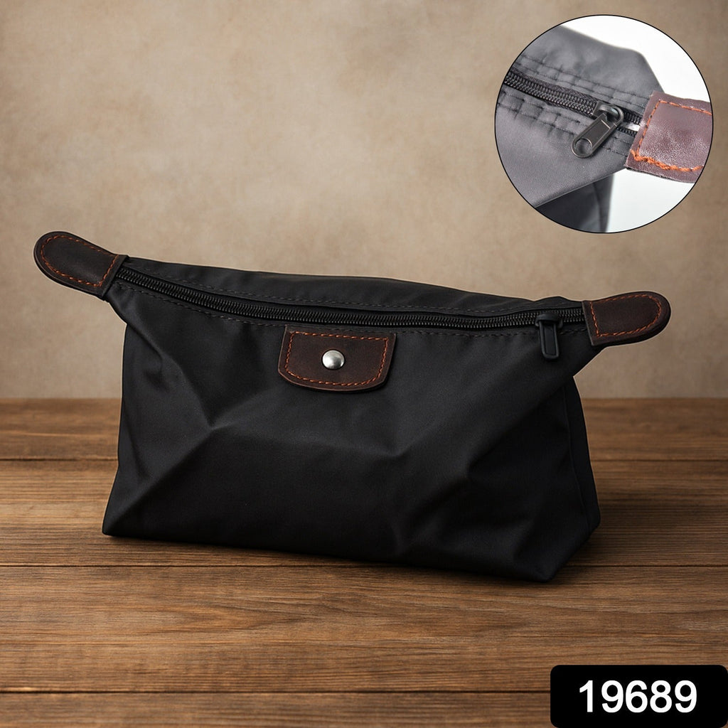 Waterproof multipurpose travel organizer pouch in black with brown detailing