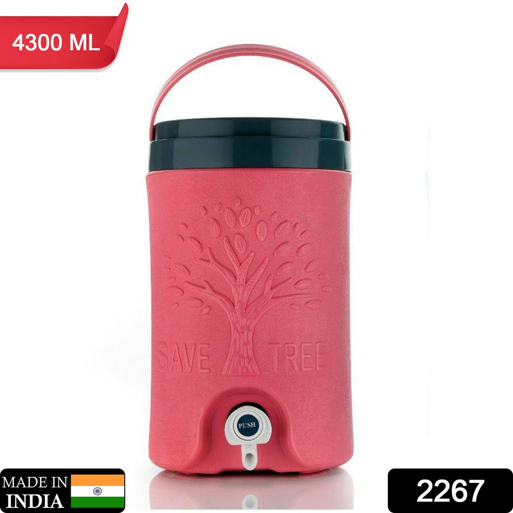 Side view of the insulated water jug, highlighting its ergonomic handle and unique tree design.