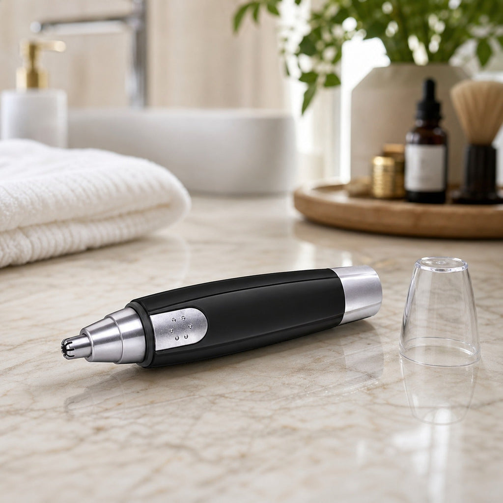 Top view of the battery-operated nose hair trimmer demonstrating its precision tip.
