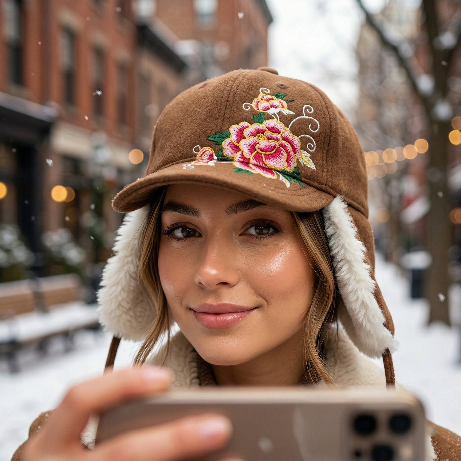 Cozy ear flap winter hat for women with adjustable tie strings