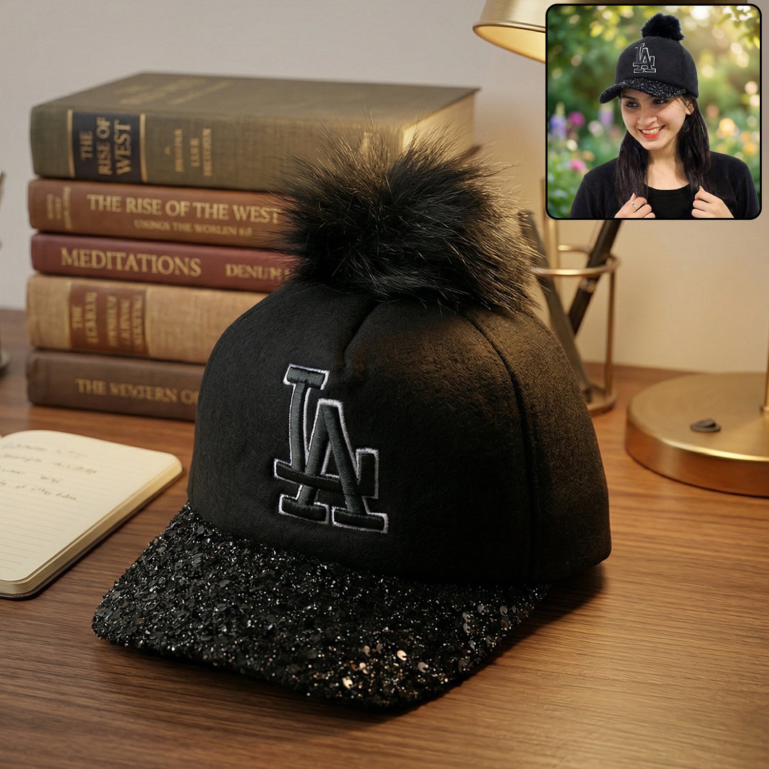 Stylish winter baseball cap with fur pom pom and glitter brim