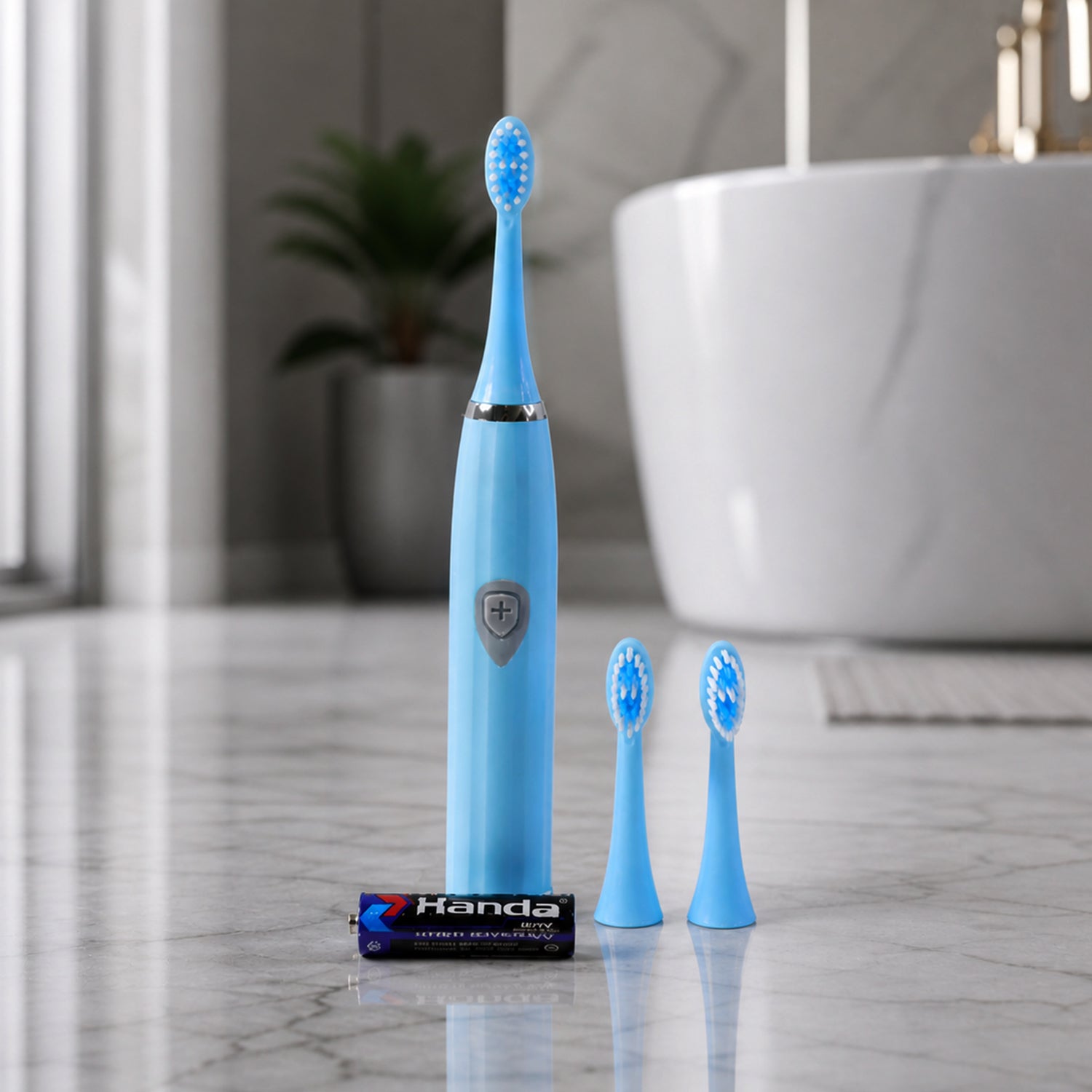 A set of replaceable electric toothbrush heads, included with the main unit.