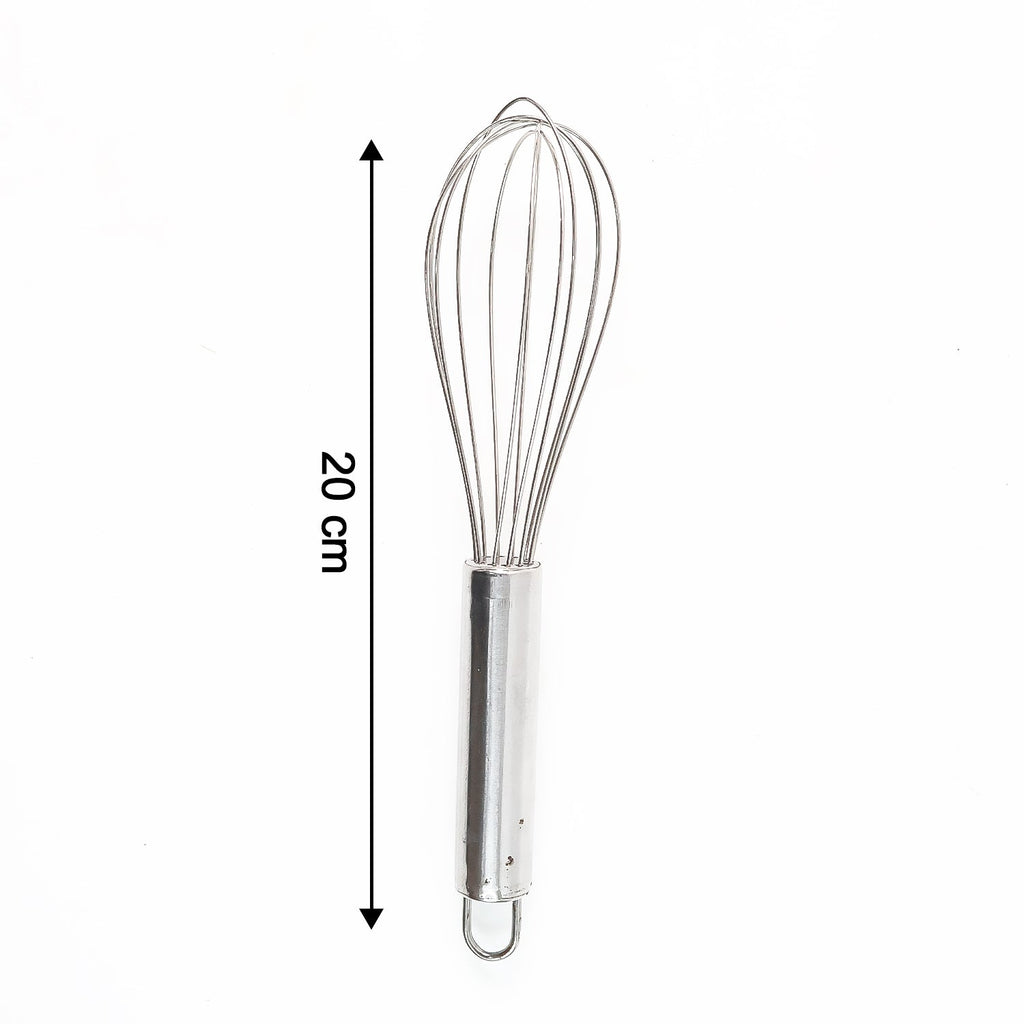 Close-up of small stainless steel balloon whisk showing balloon wires