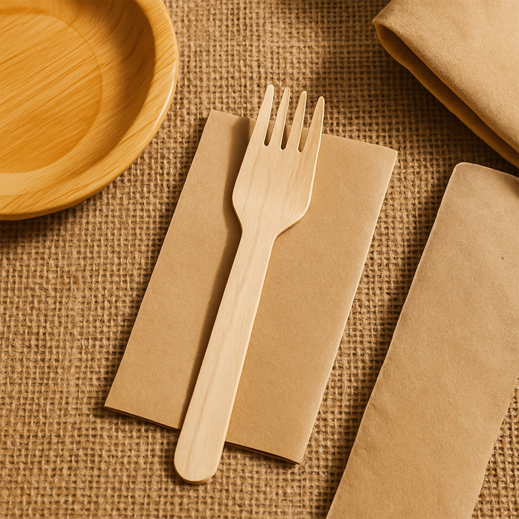 Freshee 160mm wooden fork placed next to plated meal
