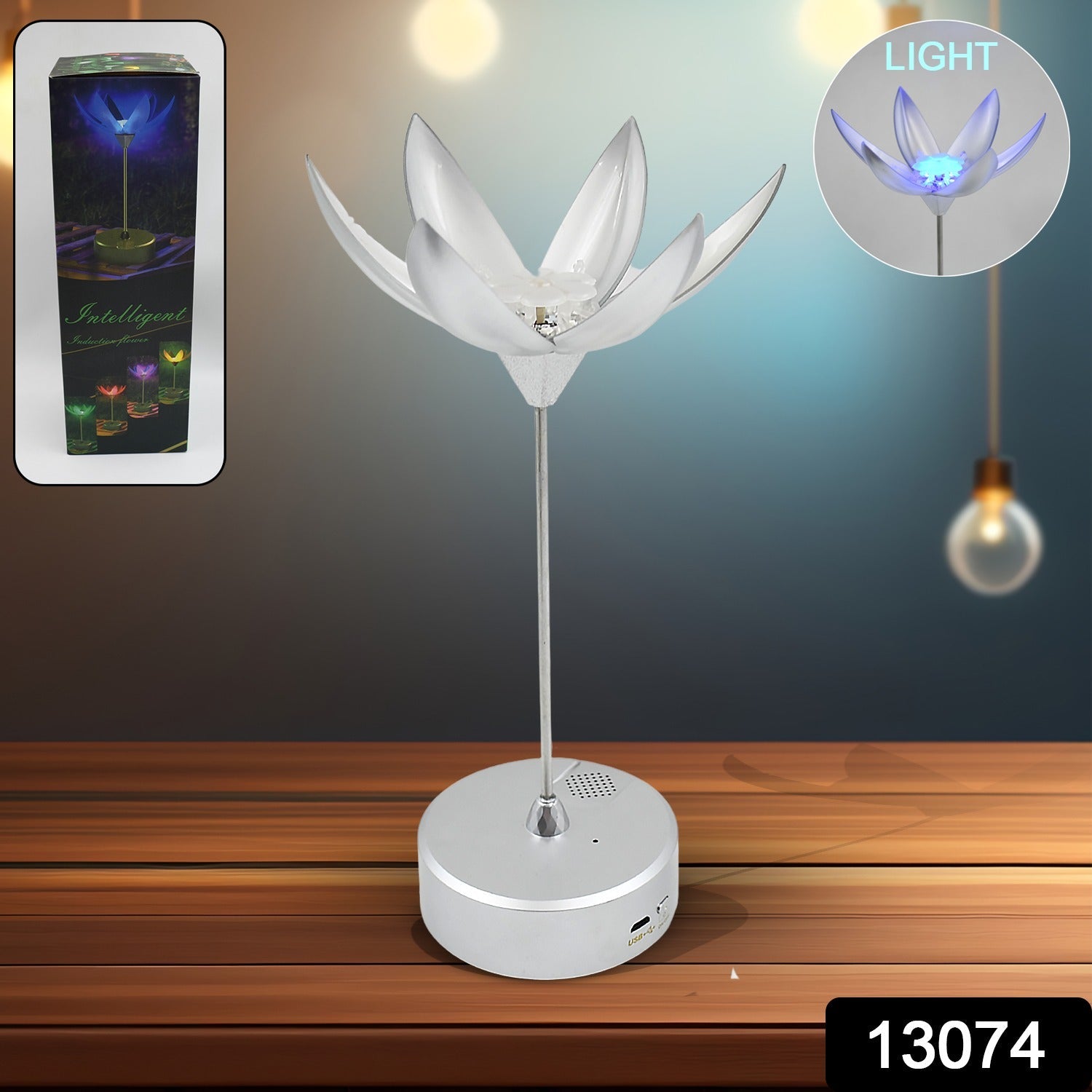 The USB rechargeable musical lamp in its closed lotus bud form, highlighting its sleek and compact design.