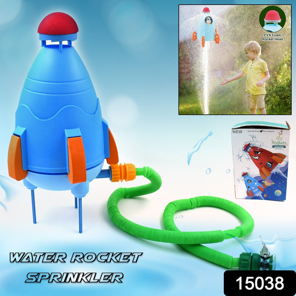 Kids playing with a 360° rotating water rocket sprinkler in a garden.