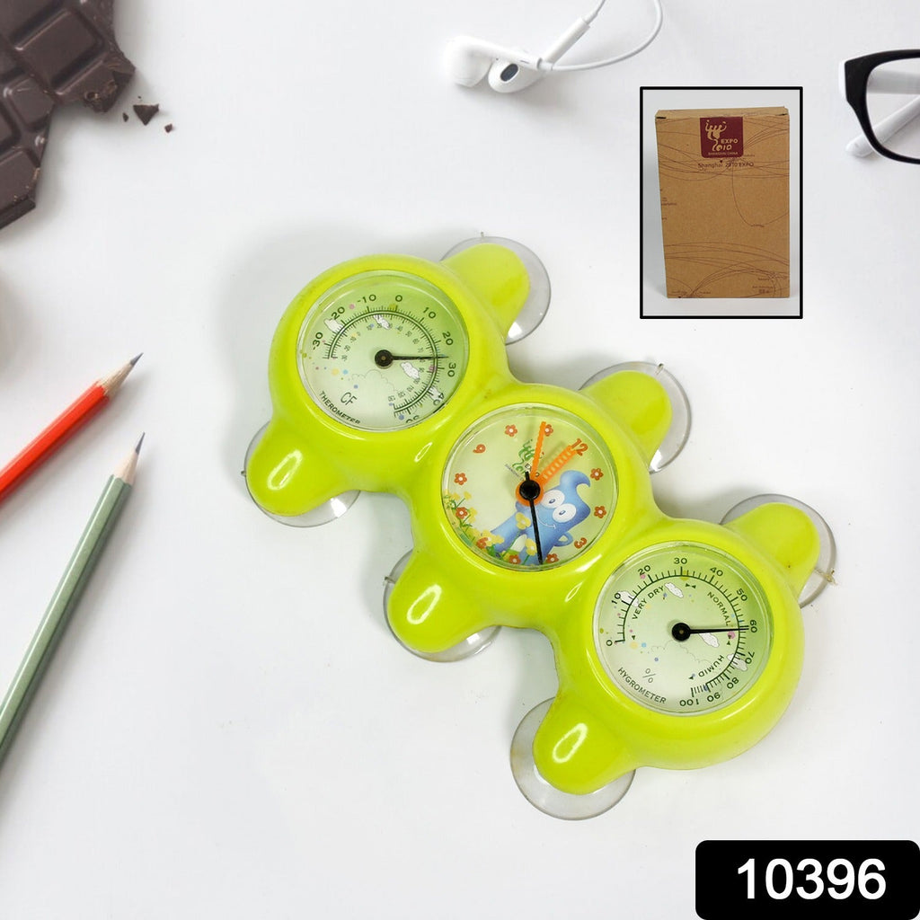 Sleek plastic desktop clock with clear digital display on an office desk setting.