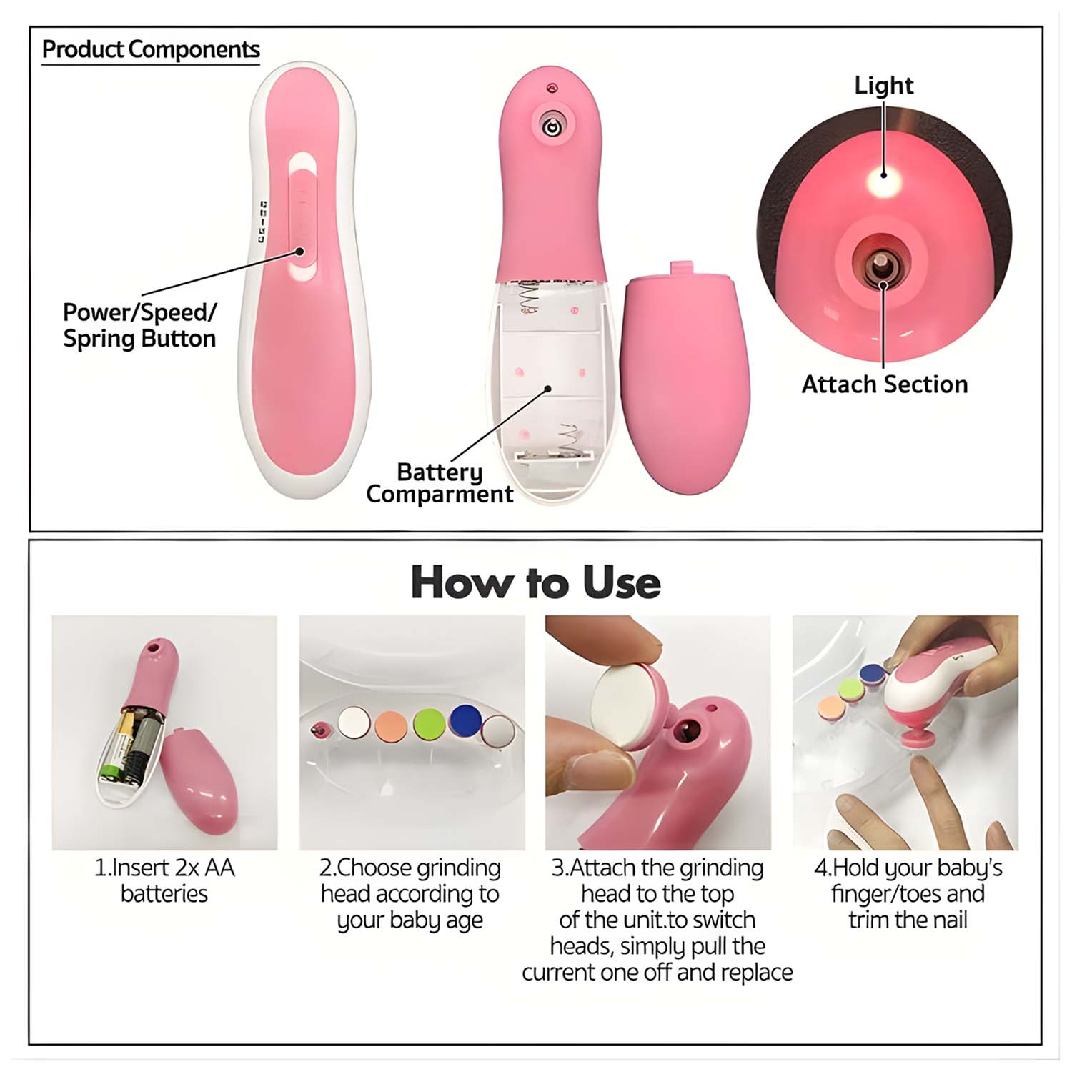 Complete electric baby nail trimmer kit showing the main unit and all six grinding heads.