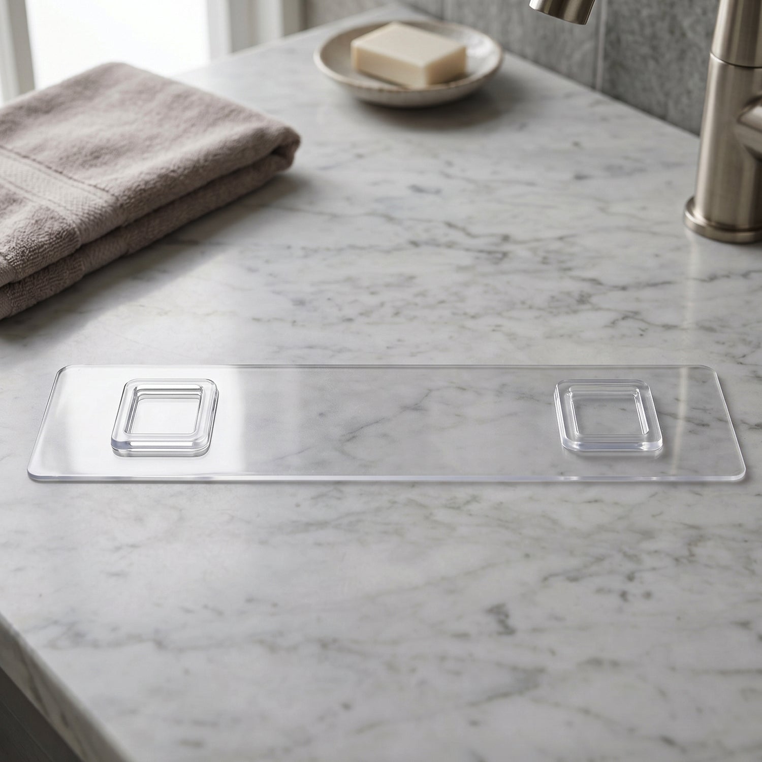 Close-up of transparent bathroom shelf with white hooks