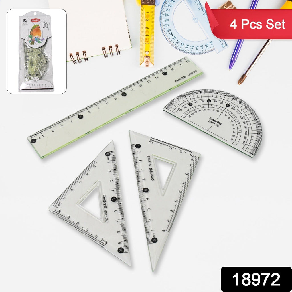 Clear plastic geometry set tools including ruler and protractor for student use