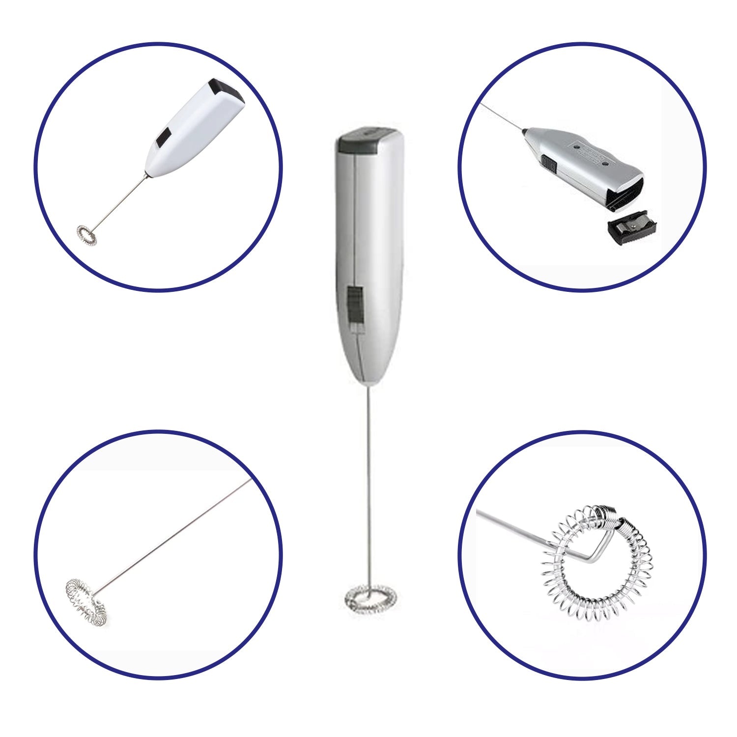 Portable electric milk mixer shown in action, frothing milk.