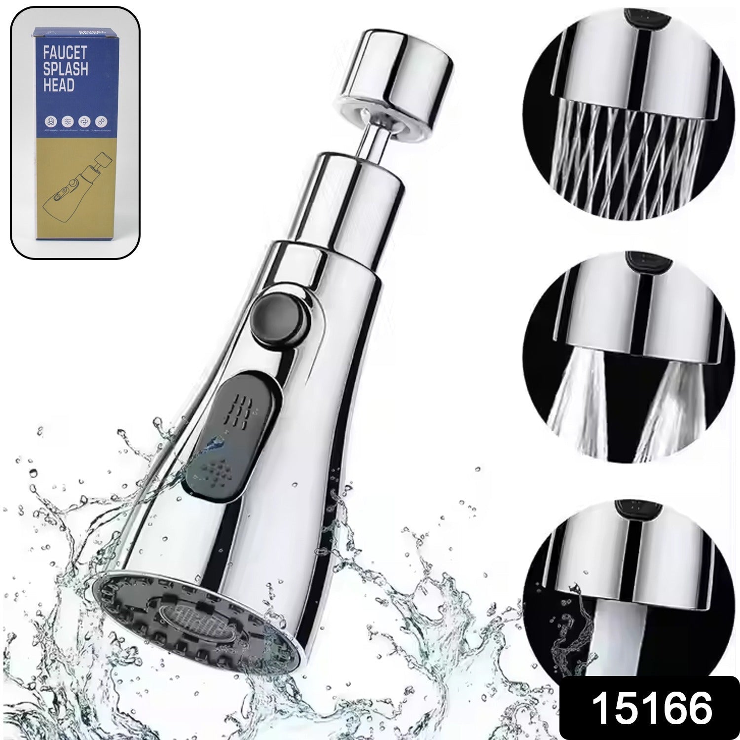 Close-up of the 3-function pull-down kitchen faucet sprayer attachment.