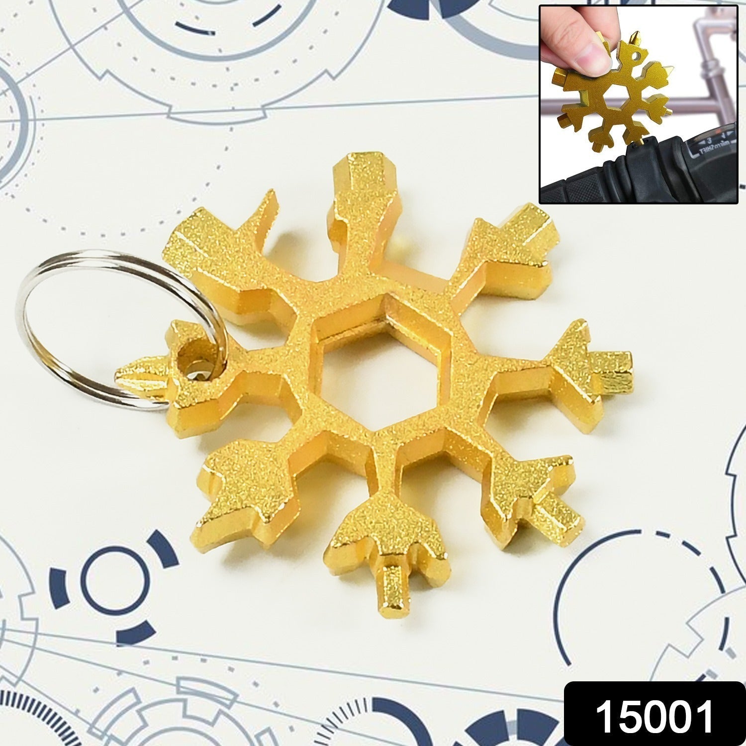 Detailed view of the 18 functions of the Snowflake Multi-Tool, including various wrenches and screwdrivers.