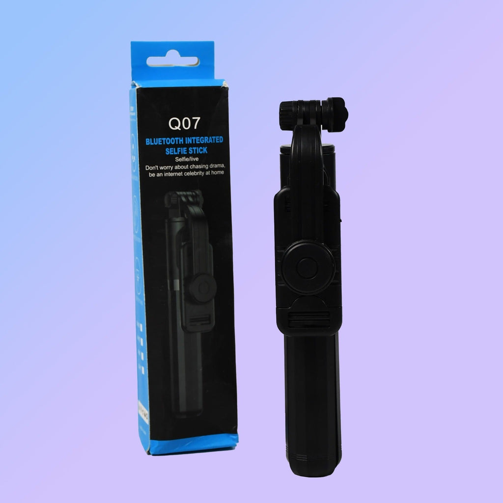 Portable Bluetooth selfie stick showing compact tripod base and remote control.