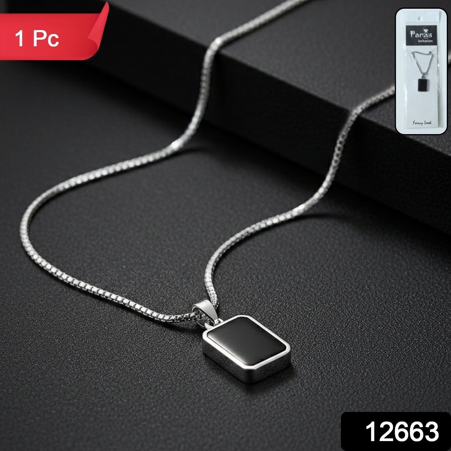 Close-up of men's pendant chain with black rectangular stainless-steel pendant