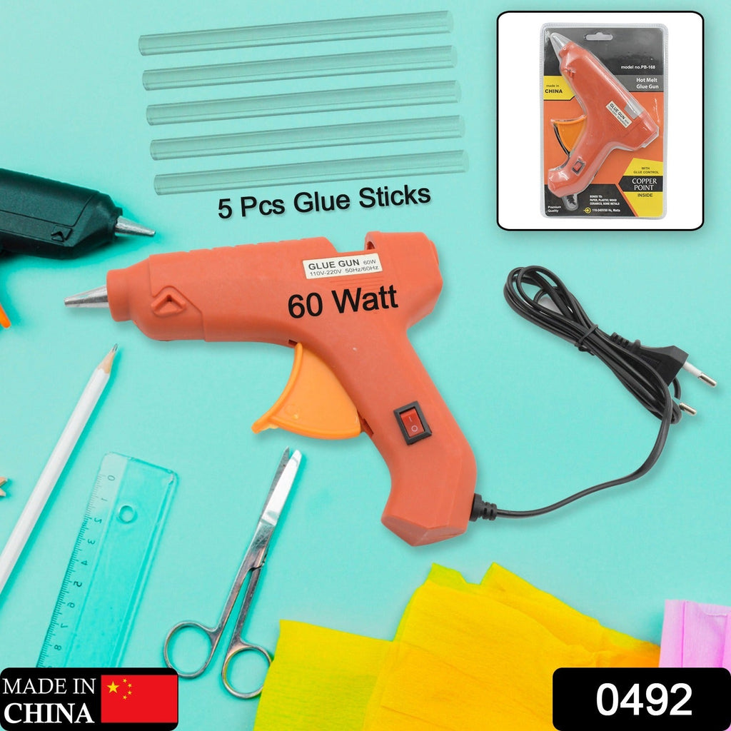Close-up of the 60-watt hot melt glue gun showing the on/off switch and comfortable grip.