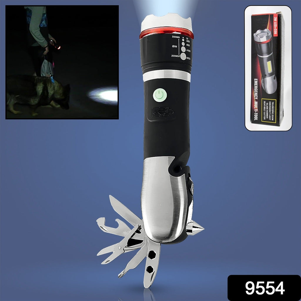 Close-up of the multi-tool LED flashlight showing its robust design.
