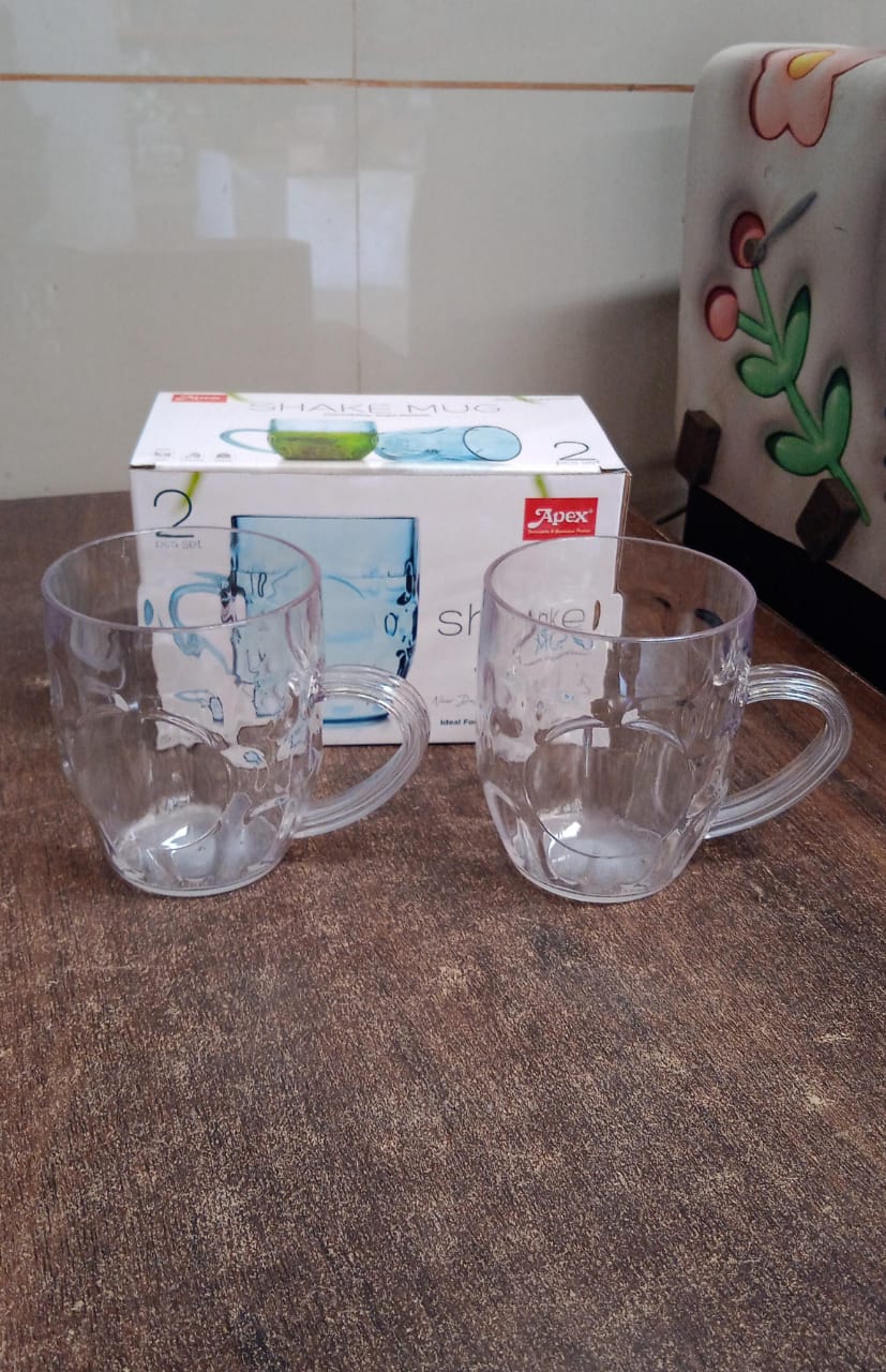Side view of clear shake mug highlighting handle and textured surface