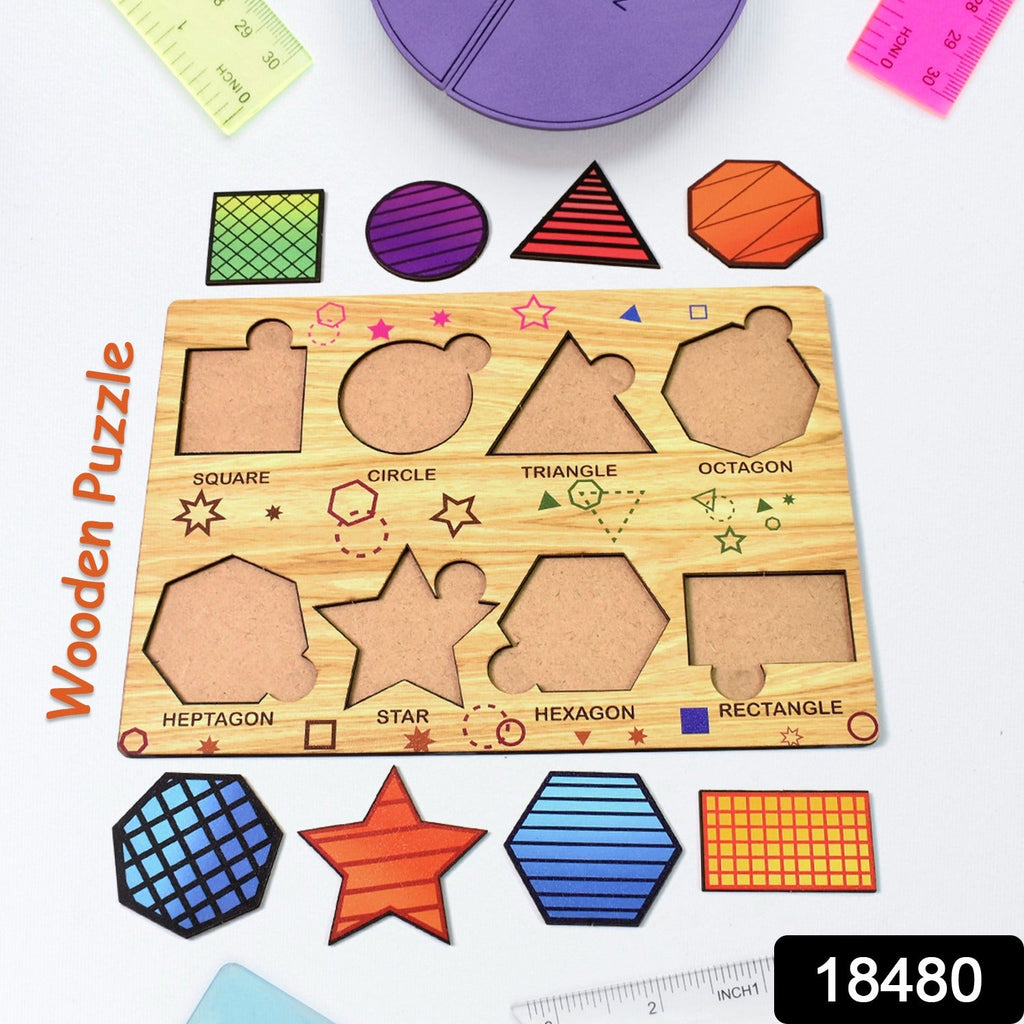 Child's hands placing a wooden triangle piece into the educational puzzle board.