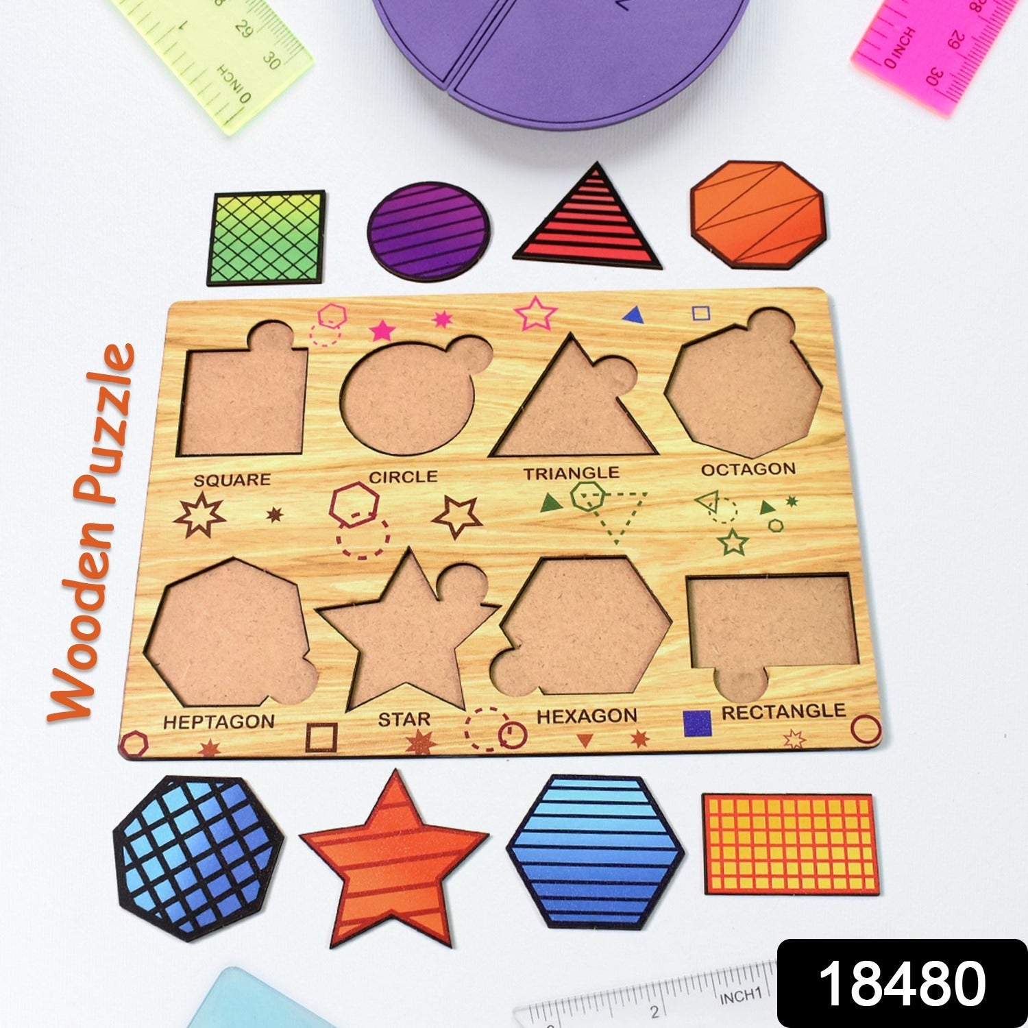 Child's hands placing a wooden triangle piece into the educational puzzle board.