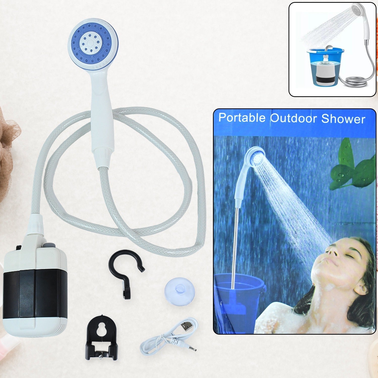 Portable outdoor shower kit with USB rechargeable water pump and shower head