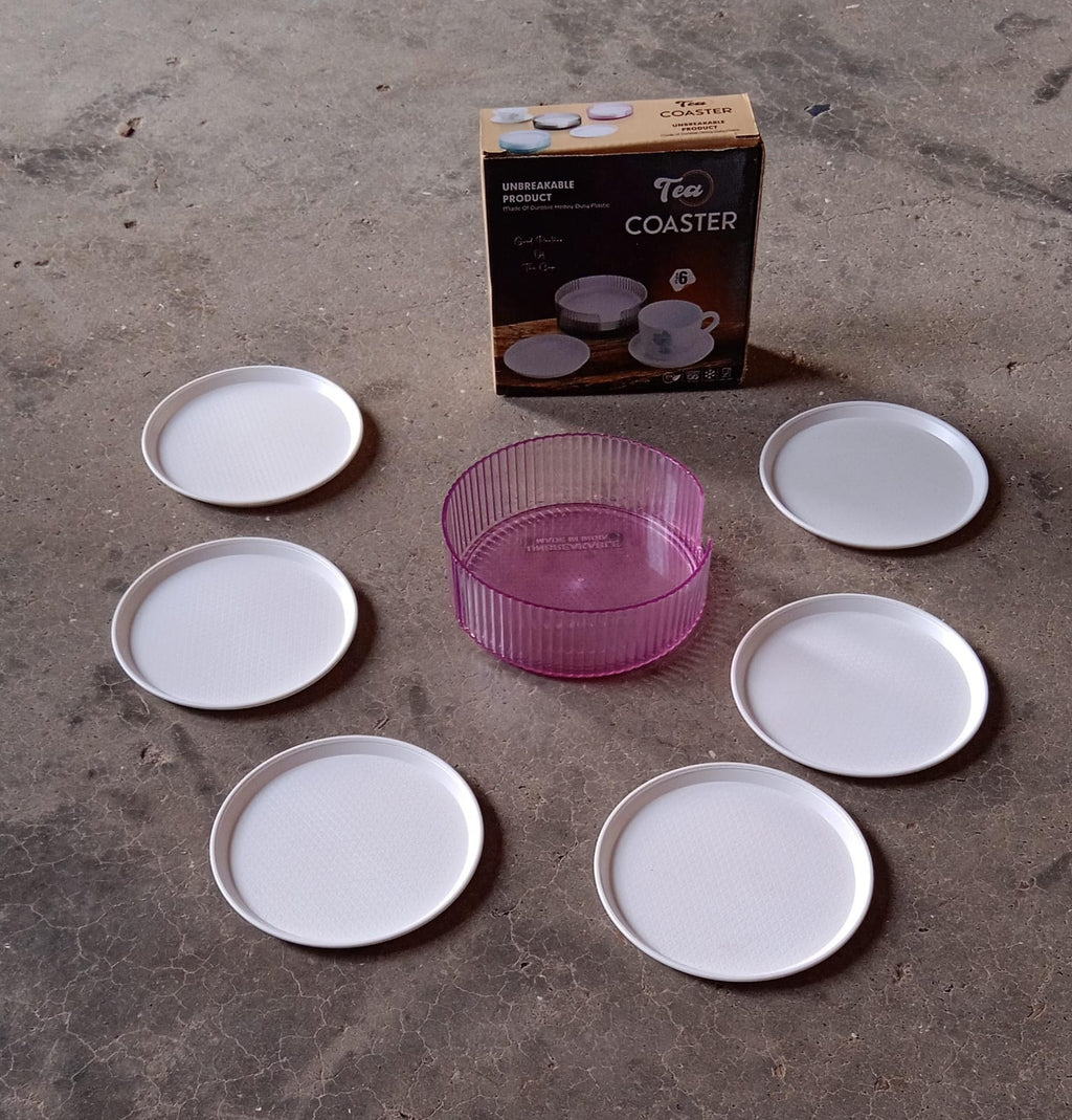 Plastic coasters effectively safeguarding furniture from hot beverage marks and spills.