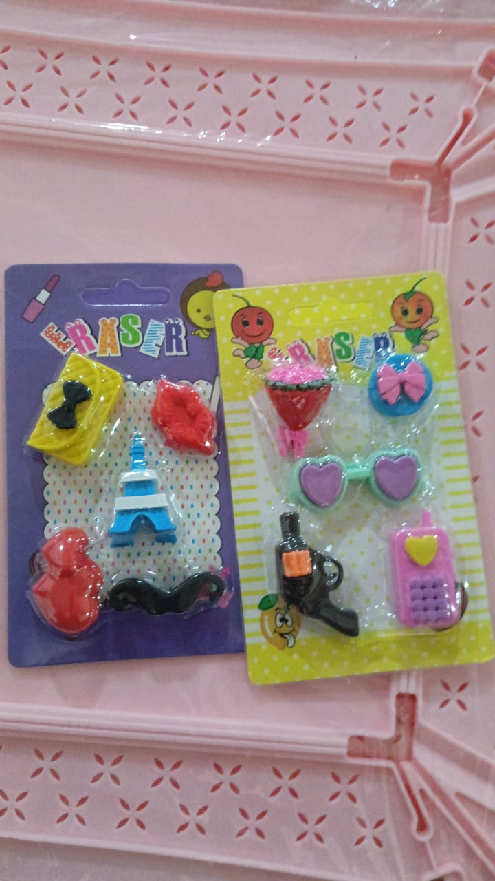 Variety of colorful 3D erasers displayed together, emphasizing the mixed design aspect.