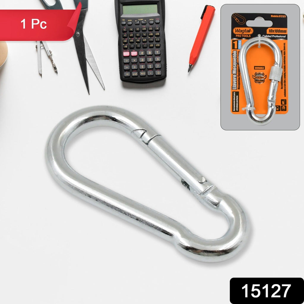Side view of the heavy-duty stainless steel carabiner clip.