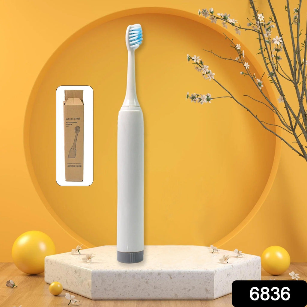 Sleek electric toothbrush from BrushedUp in a bathroom setting, highlighting its modern design.
