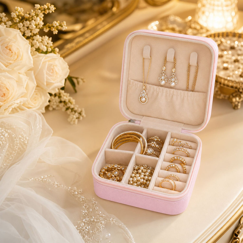 A compact PU leather jewellery organiser filled with rings and earrings, demonstrating its storage capacity.