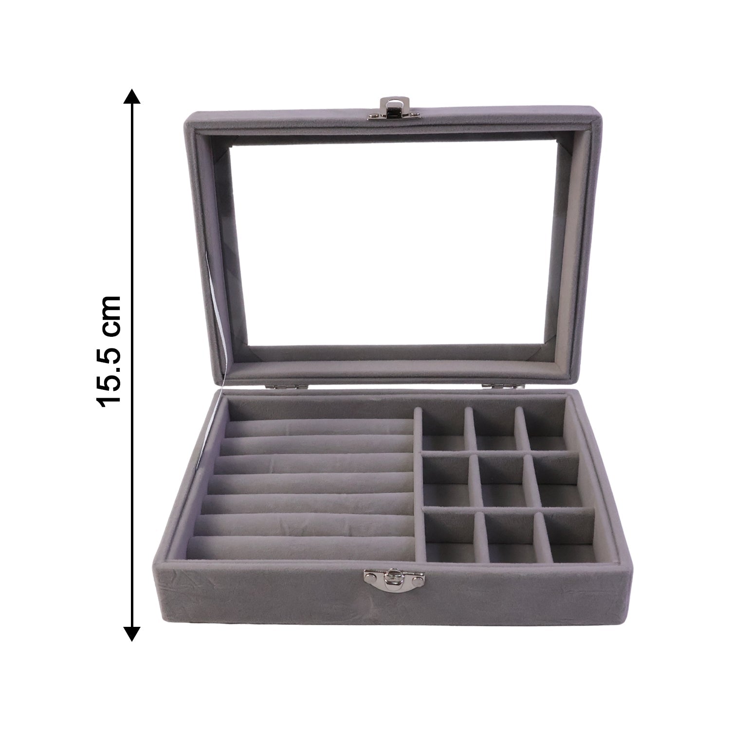Full view of velvet jewelry organizer box with compartments
