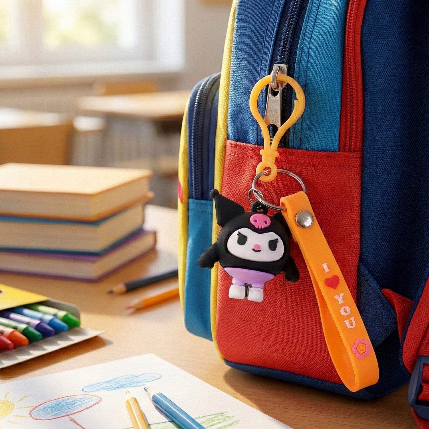 Cute cartoon character bag charm keychain with strap and clip