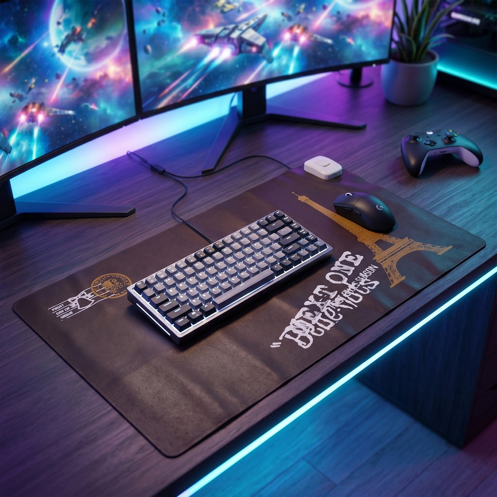 Heated mouse pad integrated into a modern desk setup with a computer and monitor.