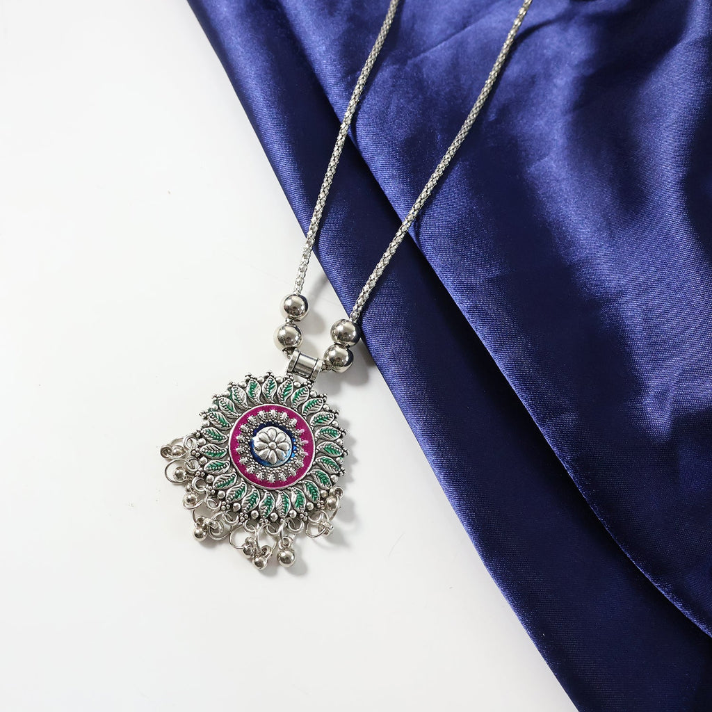Indian-inspired oxidized silver necklace with floral mandala pendant and beaded chain