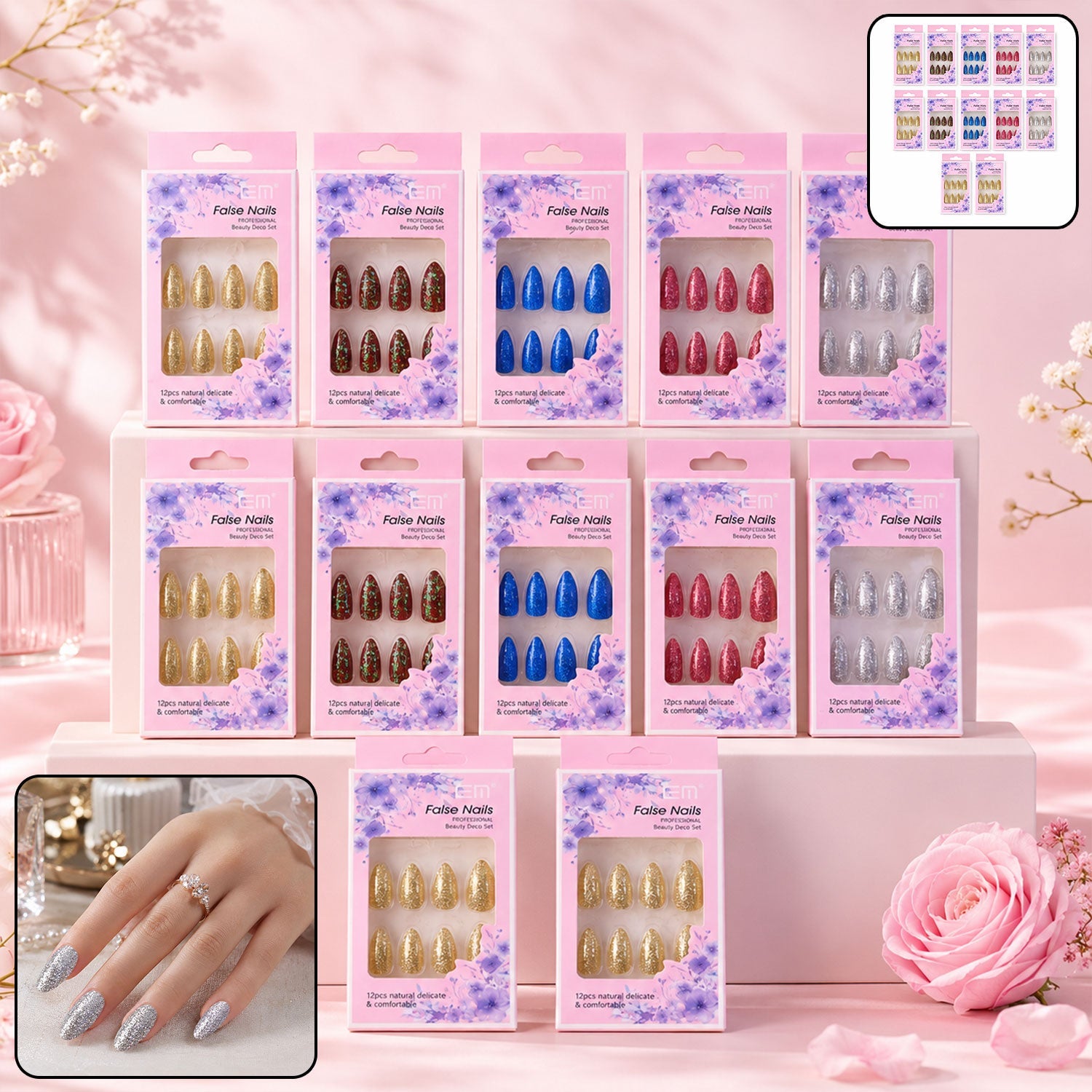 Display of assorted glitter press-on false nails in different sizes and designs