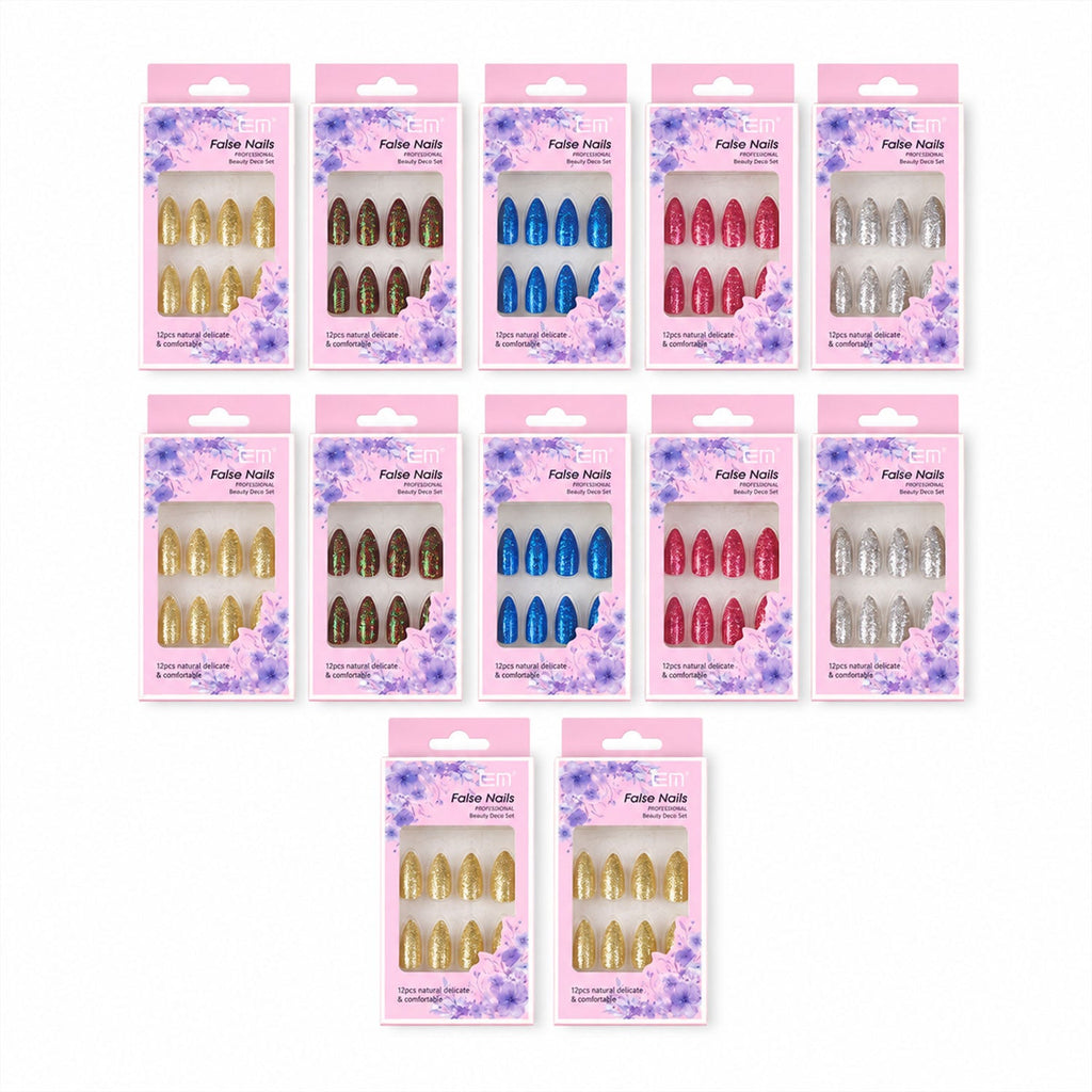 Assorted sizes of glitter press-on false nails laid out for perfect fit