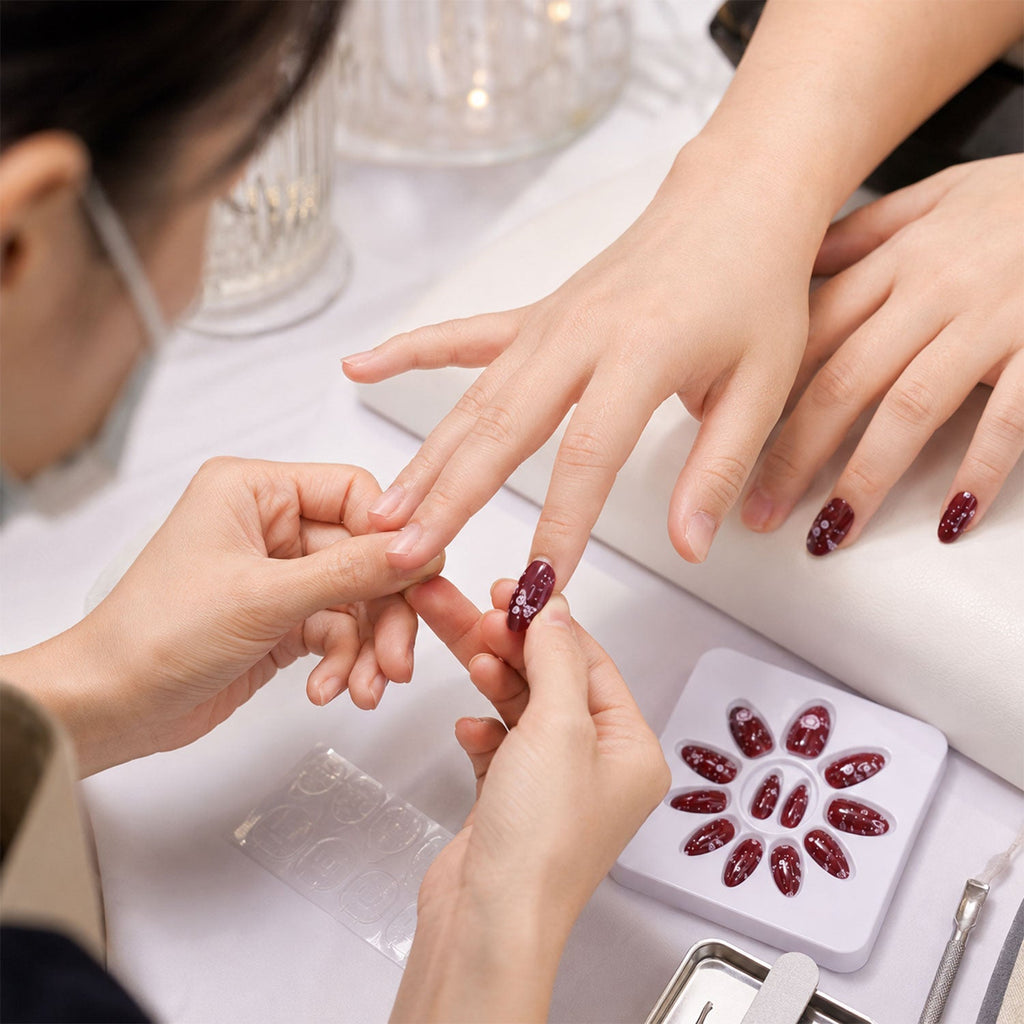 Long coffin press-on nail showcasing a romantic 3D heart pattern close-up