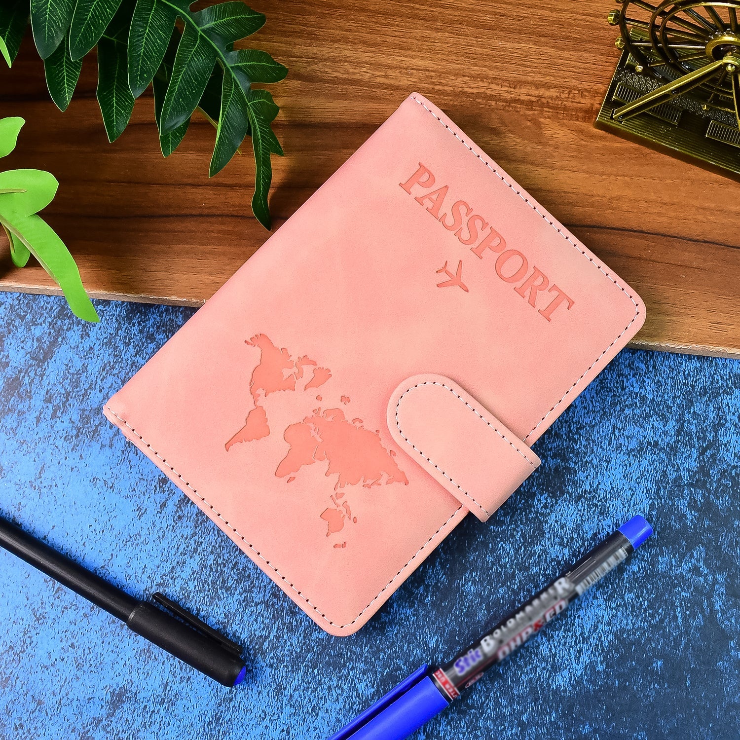 Premium world map design on durable travel passport wallet in PU leather