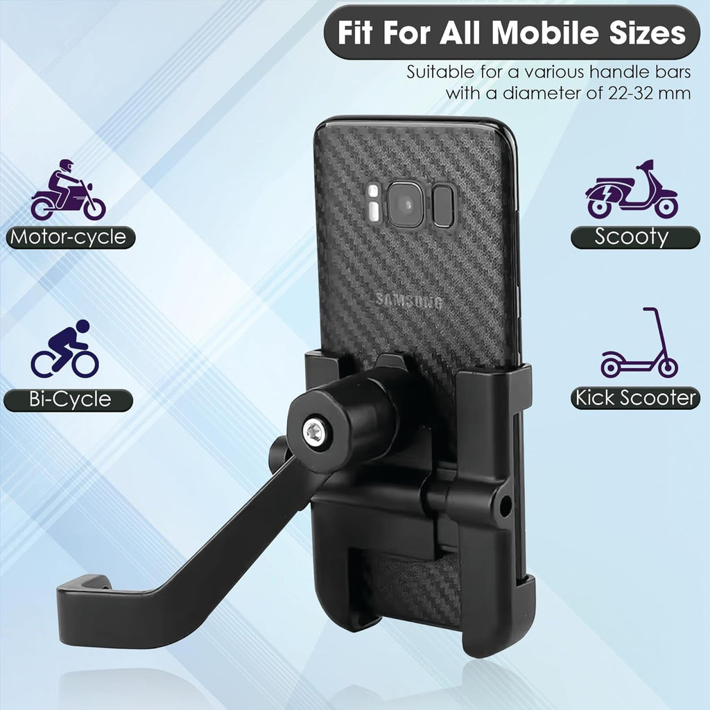 The universal metal bike phone mount firmly secured onto a motorcycle's rear view mirror rod.