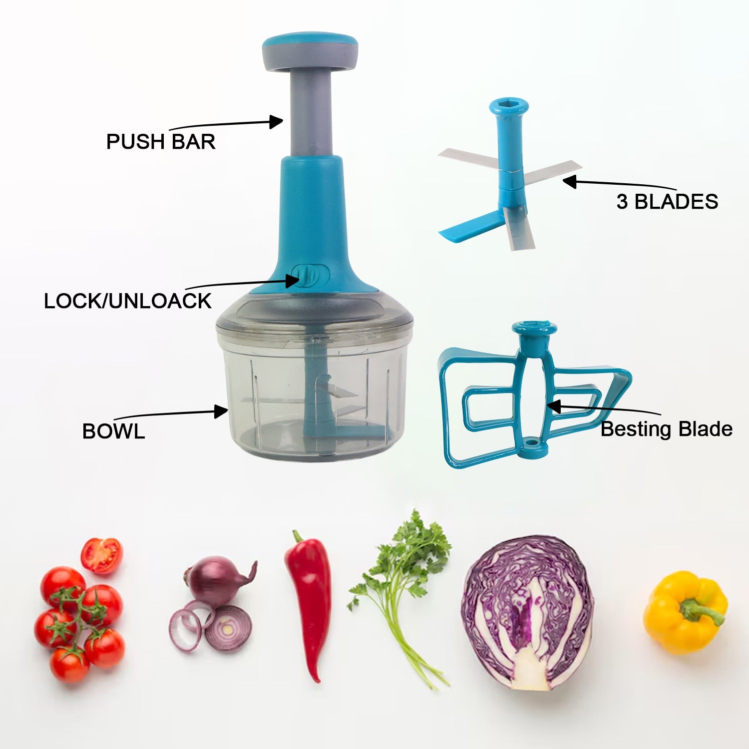 Manual push mechanism of Supermom chopper for safe chopping