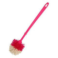Multicolor plastic toilet cleaner brush with a long handle.