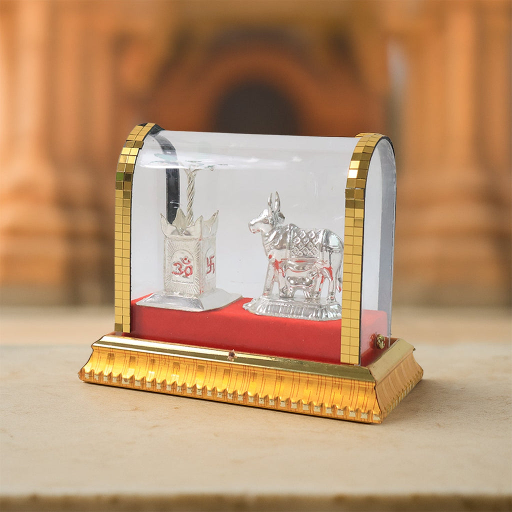 Acrylic enclosed Kamdhenu cow and Tulsi plant idol showpiece for pooja