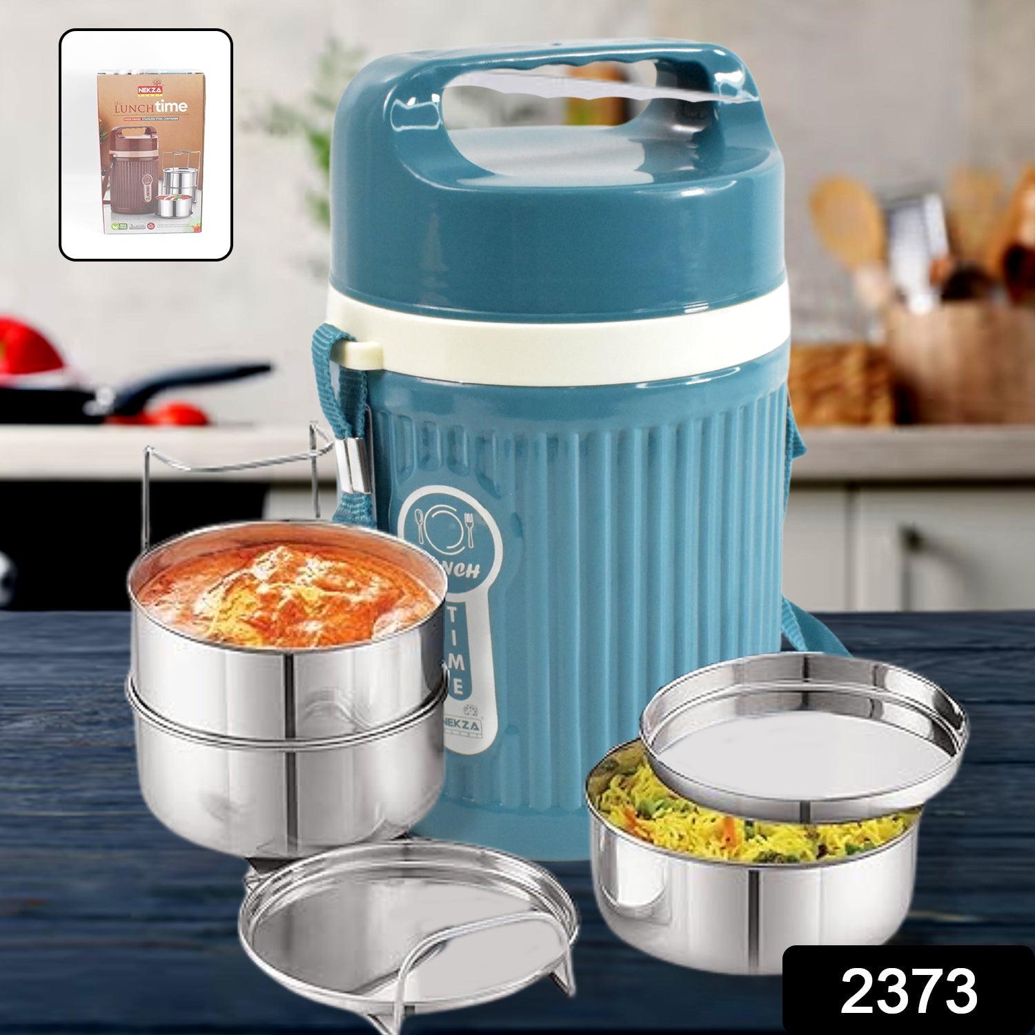 Side view of the Nekza insulated tiffin showing its compact and portable design.